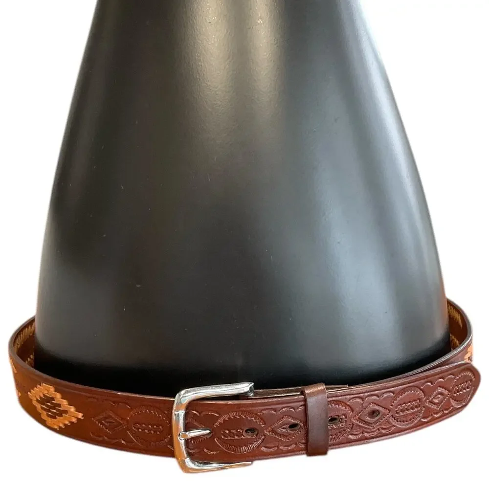 Brown Leather Mens 42‎ Western Belt Tan Dk Brown Stitching Southwest Cowboy